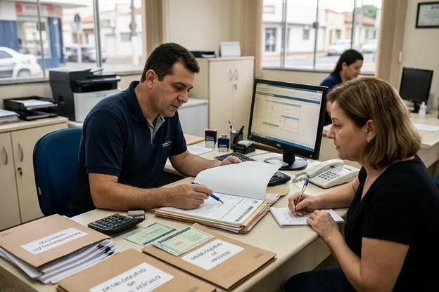 Despachante auxiliando cliente em desbloqueio de sinistros.