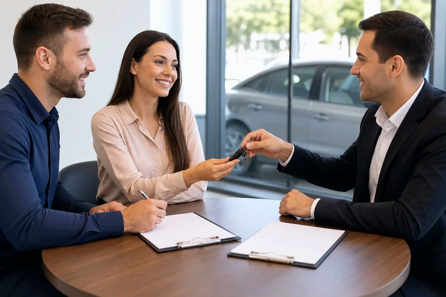 Profissional ajudando cliente na transferência de veículo.