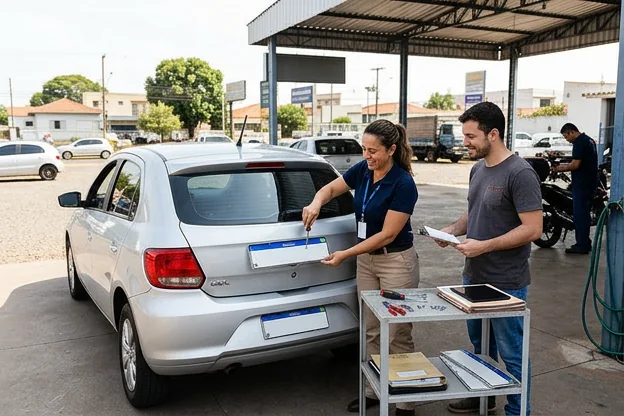 Profissional realizando a atividade de emplacamento de veículos.